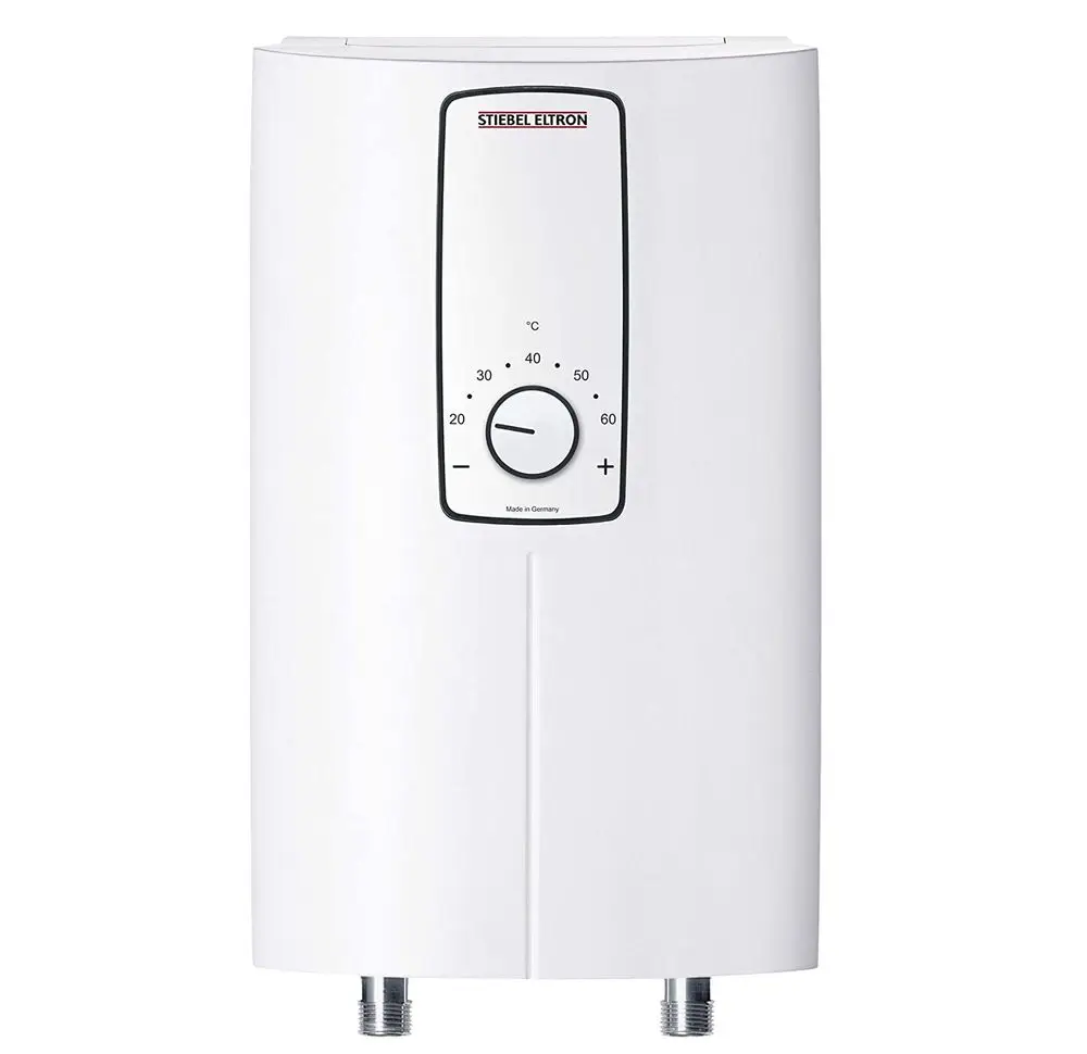 Weißer Kompakt-Durchlauferhitzer von Stiebel Eltron mit einem Drehregler zur Temperatureinstellung und zwei Wasseranschlüssen an der Unterseite.